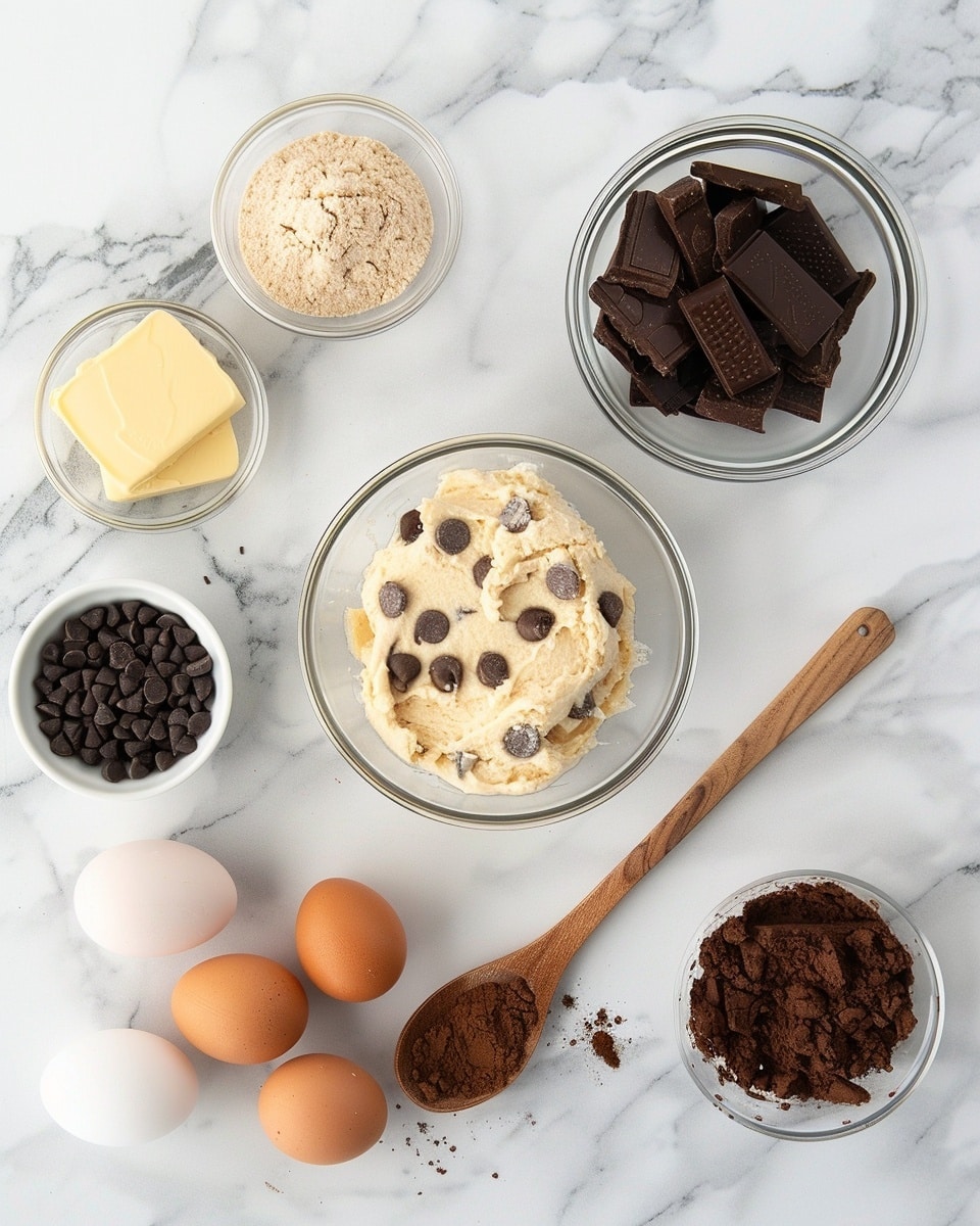 A single plated chocolate brownie ball sliced open to reveal its moist, dense interior, coated in a creamy, light-colored dough dotted with large, glossy dark chocolate chips, small crumbs scattered on a pristine white plate, with a drizzle of melted chocolate pooling beside it, close-up angle showcasing the contrast of textures and rich chocolate details, set on a white marble surface, natural lighting, styled as an intimate individual dessert serving photo taken with an iphone --ar 4:5 --v 7