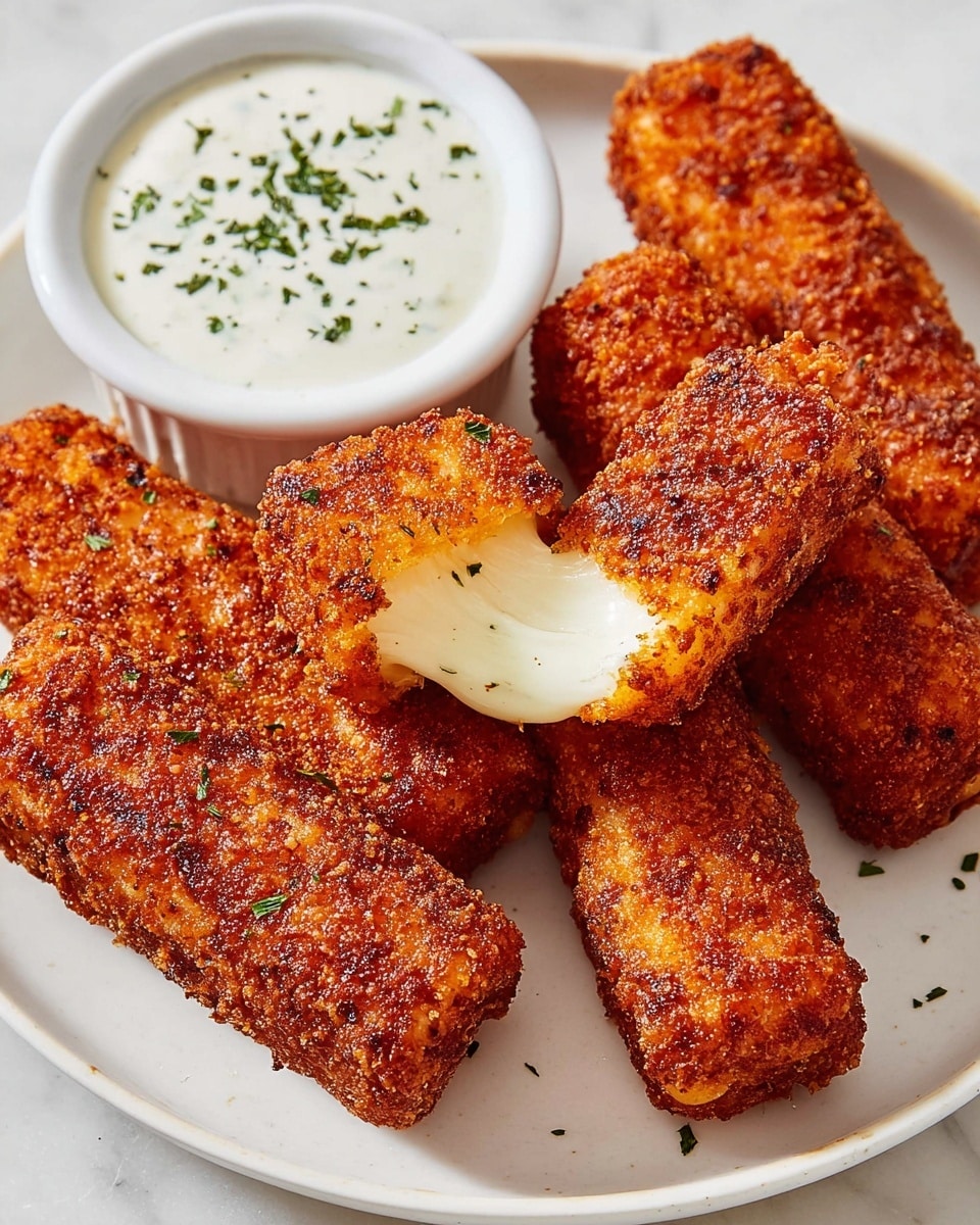 White rectangular serving platter filled with a full batch of crispy, golden brown mozzarella sticks arranged in a neat stack, showing their crunchy, textured coating with a vibrant reddish hue, accompanied by a small white bowl of creamy ranch dipping sauce with finely chopped herbs on top, photographed from a 3/4 angle on a white marble countertop with natural lighting, professional food styling photo taken with an iphone --ar 4:5 --v 7
