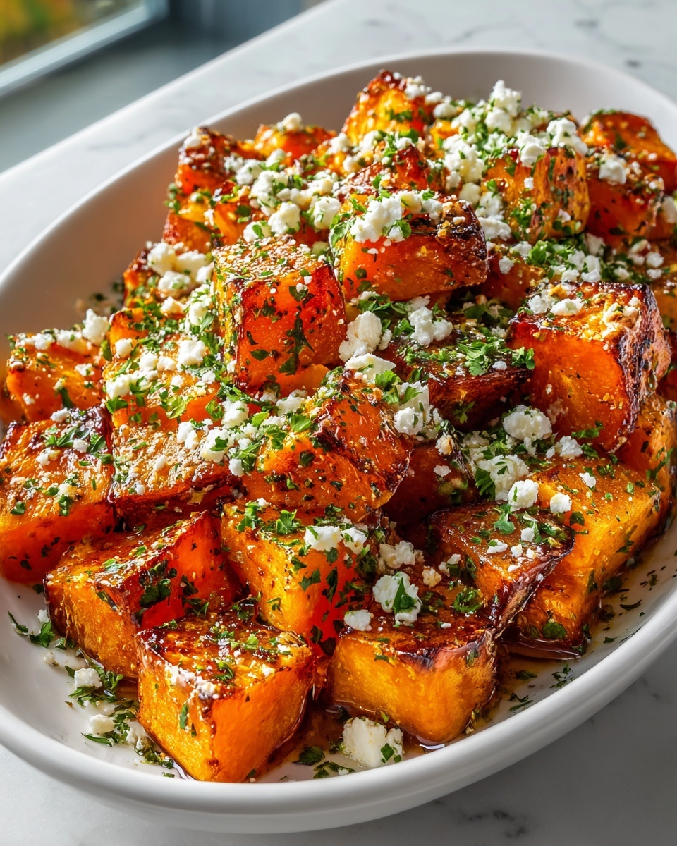 Large white serving bowl filled with perfectly roasted butternut squash cubes, glistening with olive oil and sprinkled generously with crumbled feta cheese and freshly chopped parsley, showcasing a vibrant orange and green contrast, whole dish shown from a 3/4 angle on a white marble countertop under natural lighting, professional food magazine hero shot photo taken with an iphone --ar 4:5 --v 7