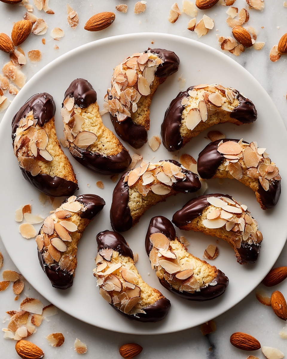 An elegant white plate showcasing a dozen whole almond crescent cookies, each generously coated with sliced almonds embedded in a golden-baked dough, and dipped in glossy dark chocolate at one end, arranged neatly with scattered almond flakes around, photographed from above on a white marble countertop with soft natural light, professional food styling photo taken with an iphone --ar 4:5 --v 7