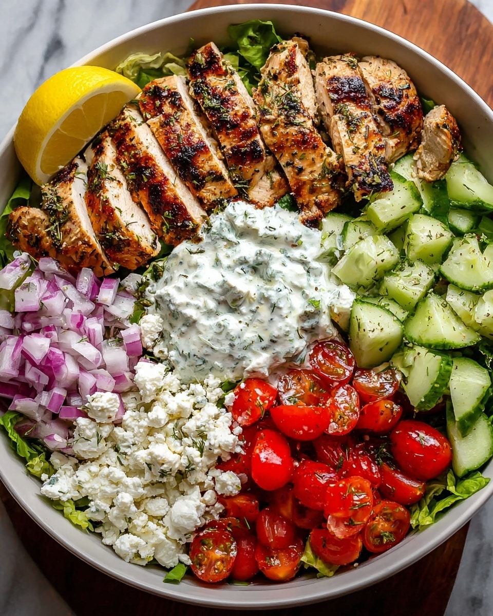 Large white bowl filled with a complete Greek chicken salad featuring whole grilled herb-marinated chicken breasts sliced and arranged on a bed of fresh green lettuce, surrounded by vibrant diced cucumbers, juicy halved cherry tomatoes, finely chopped red onions, crumbled feta cheese, and a generous dollop of creamy tzatziki sauce, garnished with a wedge of lemon, whole dish photographed from a 3/4 angle on a white marble countertop with natural lighting, professional food styling photo taken with an iphone --ar 4:5 --v 7