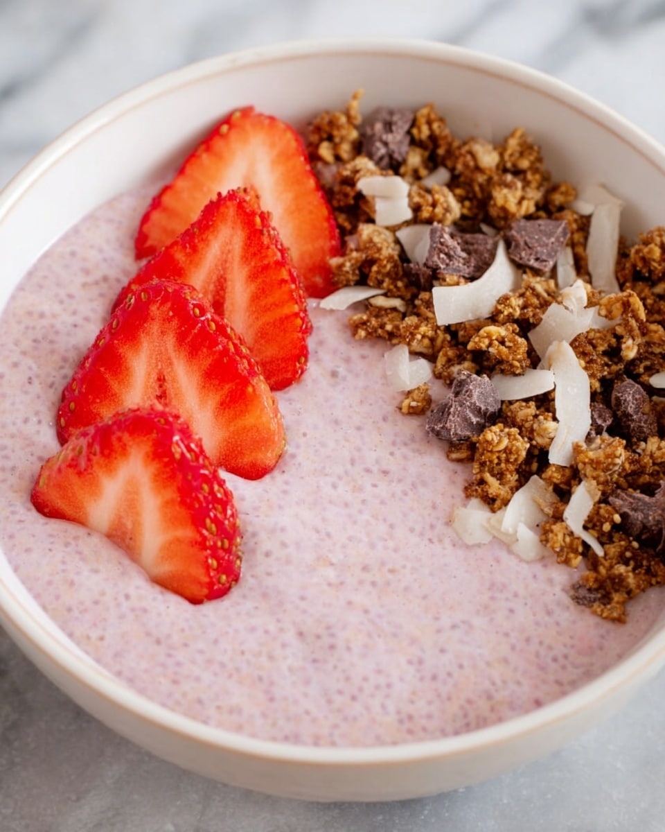 Large white bowl filled with creamy pink strawberry chia pudding topped generously with clusters of crunchy granola, chocolate chunks, and coconut flakes, decorated with whole fresh strawberries arranged around the edge of the bowl, photographed from a 3/4 angle on a white marble countertop with natural lighting, professional food magazine hero shot photo taken with an iphone --ar 4:5 --v 7