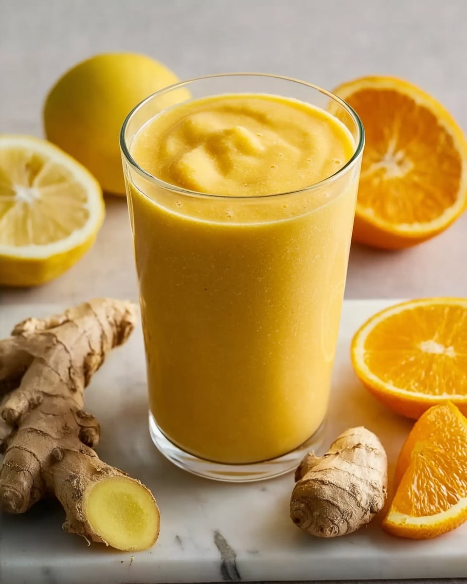 A large clear glass filled with a smooth, vibrantly yellow-orange mango and ginger smoothie placed on a white marble countertop, surrounded by whole fresh ginger roots, halved and sliced lemons, and bright orange halves arranged artfully as part of the complete presentation, photographed from a 3/4 angle with natural lighting to highlight the refreshing texture of the drink, professional food styling photo taken with an iphone --ar 4:5 --v 7