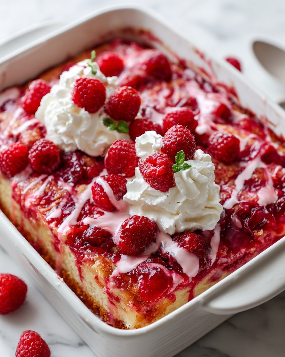 Large white rectangular baking dish filled with a whole freshly baked raspberry cobbler, showing golden crust perfectly baked under a thick layer of glossy, vibrant raspberry filling that is bubbling and slightly oozing over the edges. The top is evenly covered with raspberries, some whole and some slightly softened, with a smooth drizzle of pink glaze across, garnished with dollops of whipped cream and fresh whole raspberries. The full dish is styled on a white marble countertop with natural lighting, captured from a professional 3/4 angle food magazine hero shot. Photo taken with an iphone --ar 4:5 --v 7