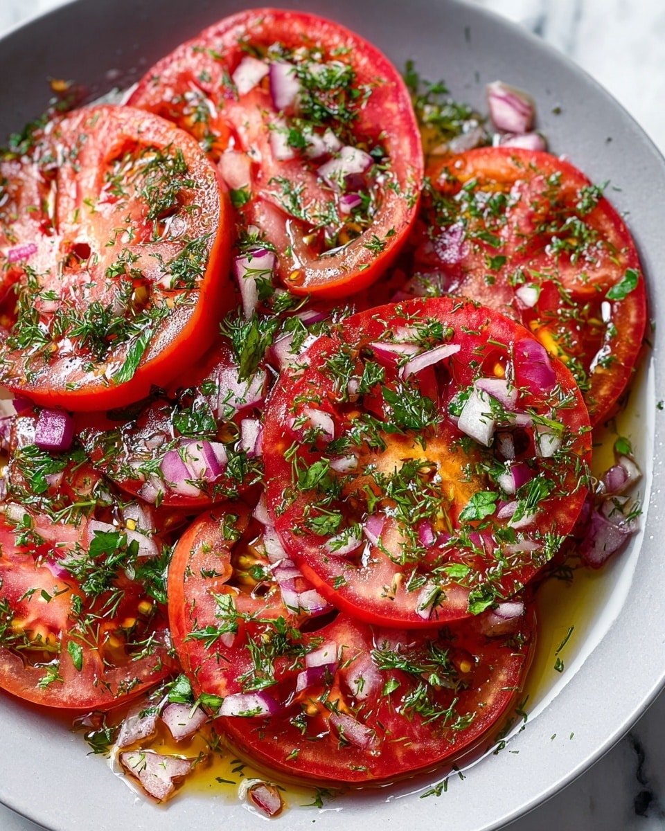 White round serving dish filled with a vibrant, full tomato salad composed of multiple whole tomato slices layered and generously sprinkled with finely chopped fresh herbs, red onion, and a light vinaigrette dressing, garnished with whole basil leaves and parsley sprigs placed artfully around the dish, presented on a white marble surface with natural, soft lighting, styled as a professional hero shot from a food magazine, photo taken with an iphone --ar 4:5 --v 7