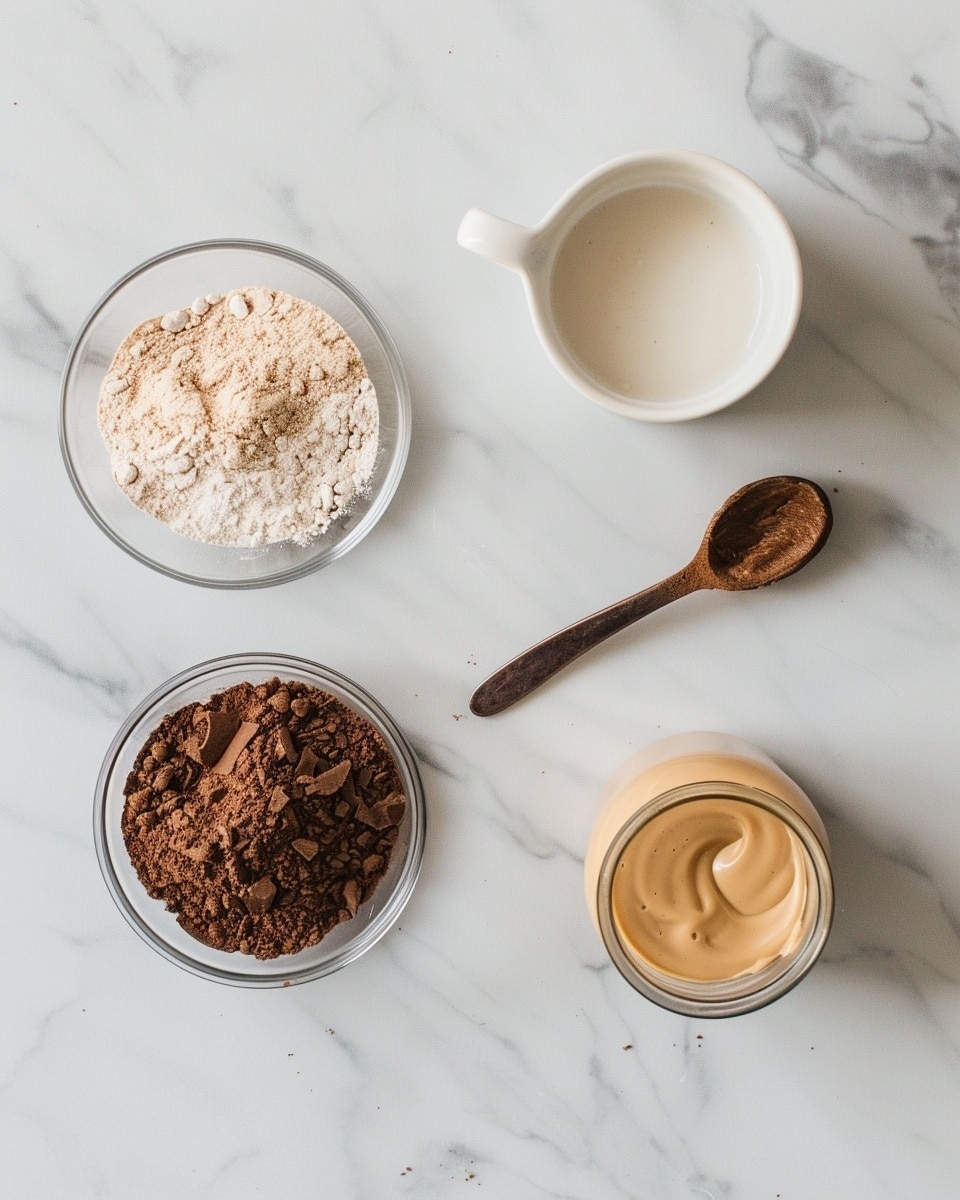 Single white ramekin on a white marble surface containing a moist chocolate cake with a rich peanut butter drizzle on top, close-up angled shot revealing the dense, tender crumb of the cake and creamy swirl of peanut butter, natural lighting highlighting the texture of the cake and the glossy finish of the drizzle, styled as an intimate individual serving from a food blog, photo taken with an iphone --ar 4:5 --v 7