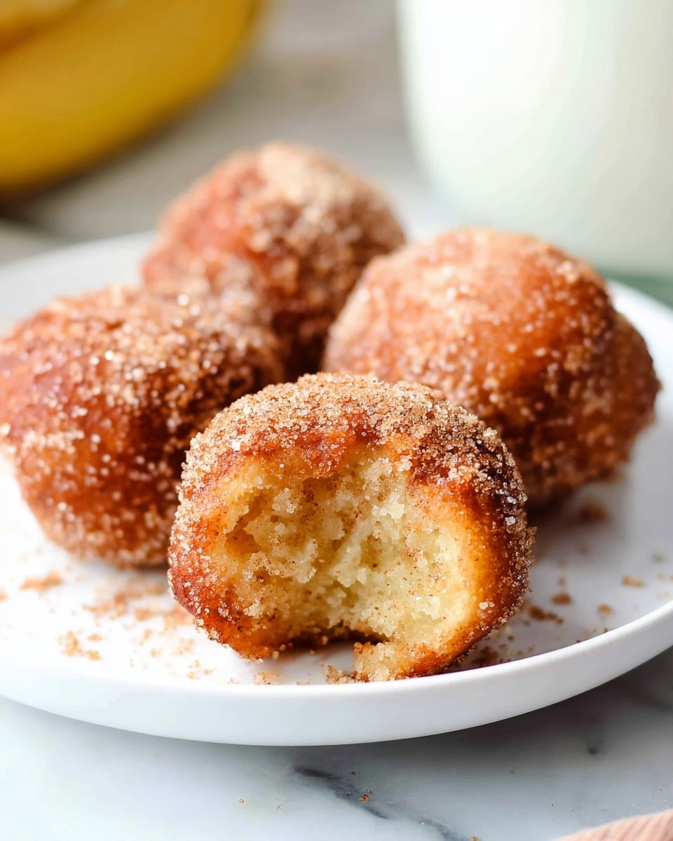 Large white plate filled with a full batch of golden brown, round cinnamon sugar-coated banana fritters, piled invitingly with a light dusting of granulated sugar and cinnamon on each fritter, softly textured and perfectly fried, accompanied by whole ripe bananas and a glass of milk blurred in the background, photographed at a professional 3/4 angle on a white marble countertop with natural light, capturing the whole dish in frame, food magazine hero shot, photo taken with an iphone --ar 4:5 --v 7