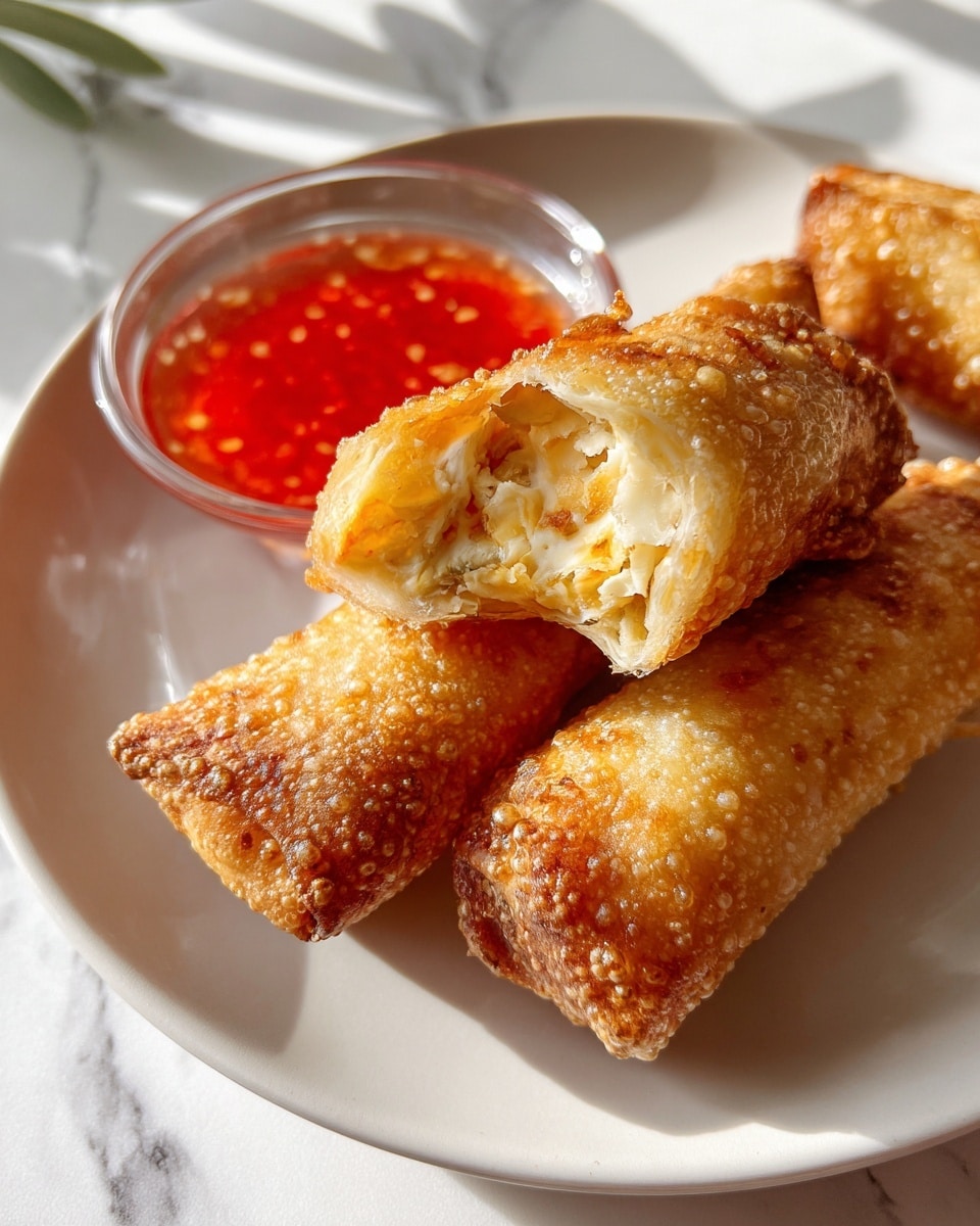 Large white plate piled with a generous serving of golden, crispy fried egg rolls, each showing textured, bubbly, perfectly crunchy wrappers, accompanied by a small bowl of bright orange sweet chili dipping sauce, whole dish captured from a 3/4 angle on a white marble countertop with natural lighting, styled like a professional food magazine hero shot, photo taken with an iphone --ar 4:5 --v 7