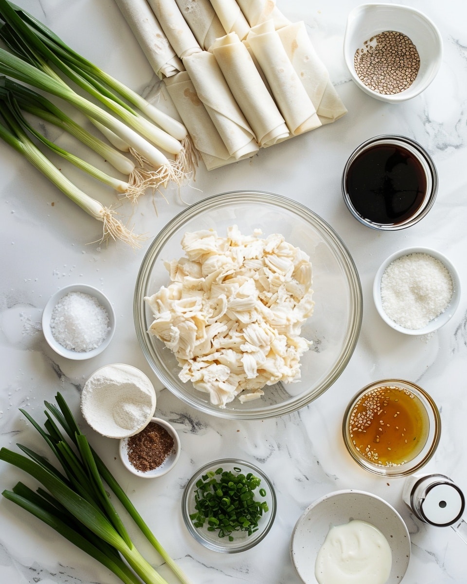 Single white plate featuring one golden, crispy fried egg roll prominently displayed with a bite taken out to reveal creamy, seasoned filling inside, placed next to a small clear cup of bright red sweet chili dipping sauce, close-up angled shot emphasizing the textured, bubbled wrapper and smooth contrast of the filling, white marble surface beneath with natural lighting lending a soft, inviting glow, styled as a ready-to-eat intimate plated serving photo taken with an iphone --ar 4:5 --v 7