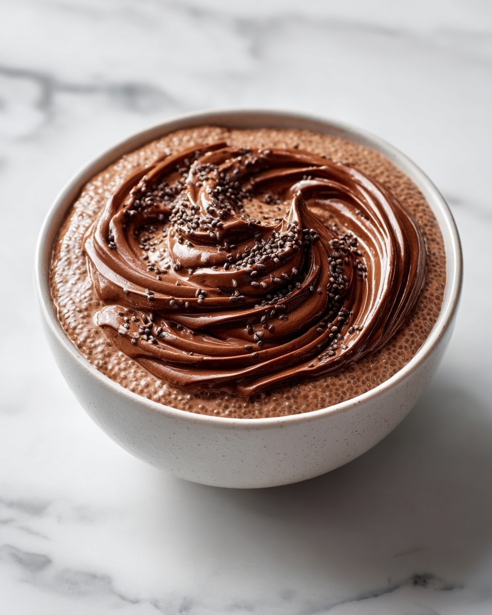 A large white serving bowl filled with creamy chocolate chia pudding, the surface beautifully decorated with generous swirls of rich, glossy chocolate ganache, showcasing the smooth texture and tiny chia seeds suspended throughout, the bowl sitting elegantly on a white marble countertop, captured in natural light with a professional 3/4 angle shot, highlighting the dessert’s luscious and inviting appeal, whole dish fully visible in frame, photo taken with an iphone --ar 4:5 --v 7
