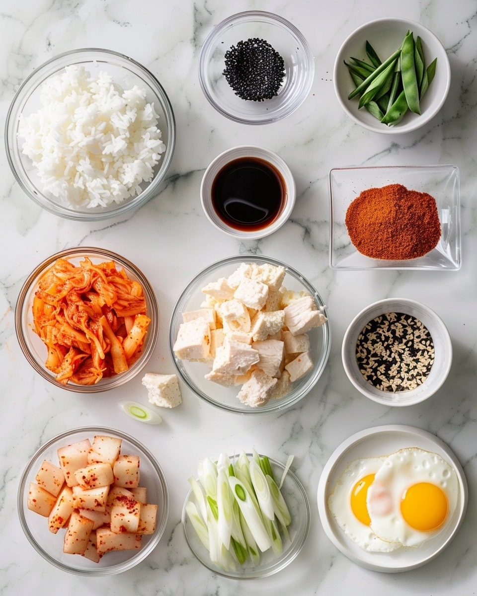 Single white plate with a close-up view of one plated serving of spicy kimchi fried rice topped with a perfectly cooked sunny-side-up egg, the rice showing vibrant red-orange hues and visible pieces of kimchi and green onion scattered throughout, juicy and tender textures emphasized, a small pile of shredded seaweed garnishing the side, all placed on a white marble surface with natural lighting for a warm, intimate food blog style photo taken with an iphone --ar 4:5 --v 7