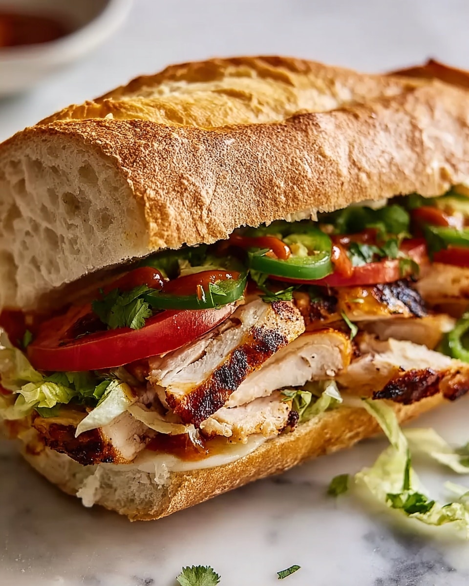 A long white sandwich tray featuring a whole chicken sandwich baguette filled with perfectly grilled chicken slices, fresh tomato rounds, creamy avocado chunks, crisp lettuce, and bright cilantro leaves, delicately layered inside a golden crusty baguette, presented on a white marble countertop with natural light highlighting the textures and colors, professional food styling photo taken with an iphone --ar 4:5 --v 7