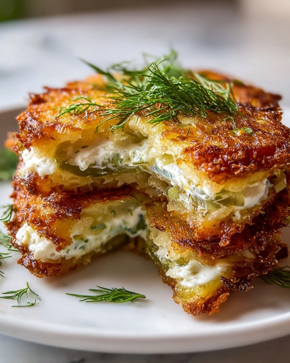 Large white serving platter filled with multiple stacks of crispy golden cheese and herb fritters layered with creamy white cheese and thick slices of green pickles, each topped with a delicate sprig of fresh dill, arranged neatly to showcase their texture and color contrast, photographed from a 3/4 angle on a white marble countertop with natural lighting, styled as a professional food magazine hero shot, photo taken with an iphone --ar 4:5 --v 7