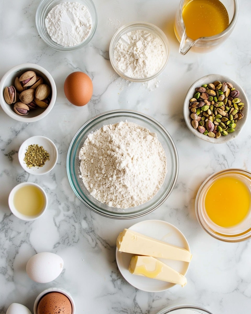 Single white plate with a beautifully presented slice of moist cake, revealing a textured interior filled with finely chopped nuts and bits of orange zest, topped with a glistening layer of crushed pistachios that add a vibrant green contrast against the golden crumb, angled close-up showing the soft crumb and nutty details, placed on a white marble surface with natural lighting highlighting the moistness and crumbly texture, styled like a food blog individual serving, photo taken with an iphone --ar 4:5 --v 7