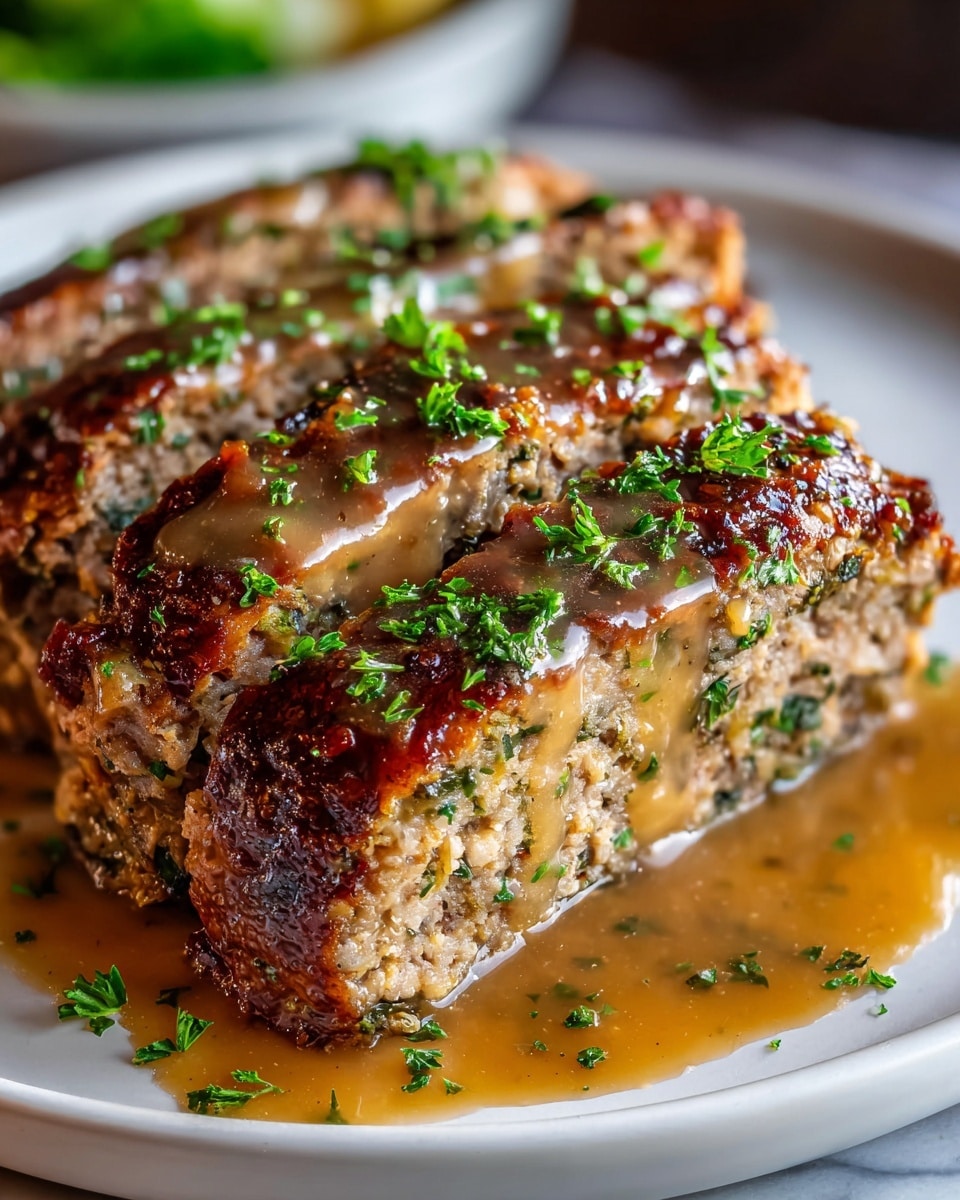 Large white oval serving dish filled with a whole, perfectly shaped turkey meatloaf glazed with a golden brown herb-infused gravy, topped generously with fresh chopped parsley and cracked black pepper, showcasing a moist and textured interior studded with finely chopped onions and herbs, photographed from a 3/4 angle on a white marble countertop with natural lighting, professional food styling photo taken with an iphone --ar 4:5 --v 7