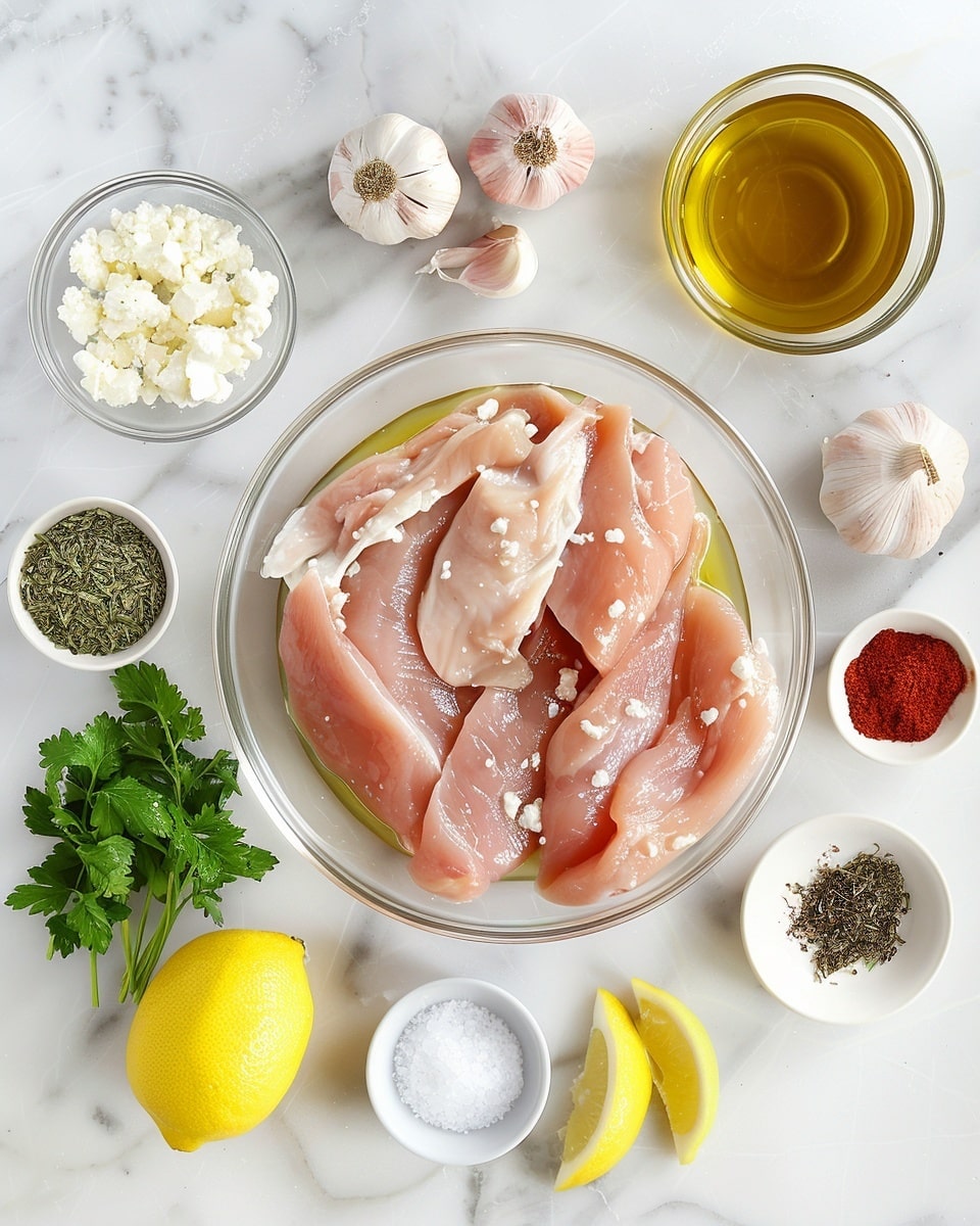 Single white plate featuring one thick, juicy portion of grilled herb-seasoned chicken sliced to reveal tender, moist interior, topped with crumbled feta cheese and finely chopped parsley, sitting in a pool of golden lemon herb sauce, two fresh lemon slices artfully placed beside the chicken, close-up angled shot showcasing the texture and layers of the chicken and cheese, natural lighting on a white marble surface, styled like a solo foodie serving, photo taken with an iphone --ar 4:5 --v 7