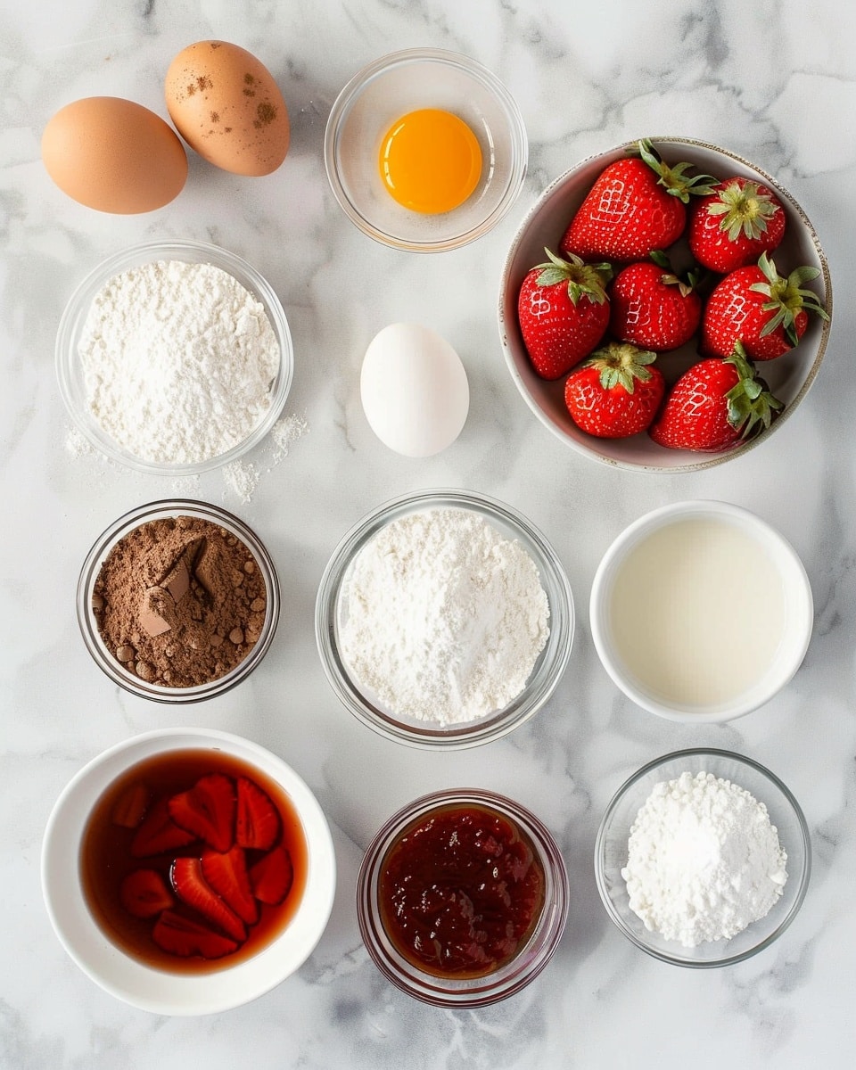Single white plate holding one slice of rich dark chocolate cake with visible moist layers, topped with a light pink frosting spread smoothly and adorned with fresh whole strawberries on top, chocolate shavings sprinkled delicately over the frosting, close-up angled view revealing the dense interior texture and glossy chocolate ganache coating the sides, set on a white marble surface with soft natural lighting, styled like a food blog serving, photo taken with an iphone --ar 4:5 --v 7