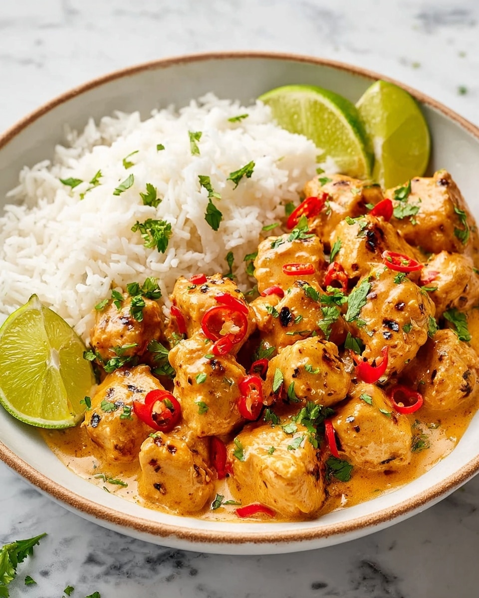 Large white bowl filled with a generous serving of grilled chicken chunks coated in a creamy, orange-hued sauce speckled with chopped red chilies and fresh green cilantro, accompanied by a substantial mound of fluffy white rice, garnished with two fresh lime wedges on the side, all displayed from a 3/4 angle on a pristine white marble background with natural lighting, styled as a hero food magazine shot, photo taken with an iphone --ar 4:5 --v 7