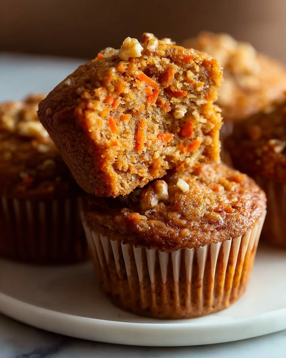 A white serving plate arranged with a dozen freshly baked carrot muffins, each topped with visible bits of carrot and chopped nuts, showcasing a moist texture and golden brown crusts, all muffins uniformly wrapped in white paper liners, the entire batch presented on a white marble countertop with natural lighting highlighting their rustic and wholesome appeal, professional food magazine style hero shot photo taken with an iphone --ar 4:5 --v 7