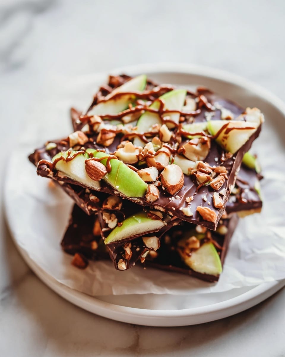 Large white rectangular baking tray filled with a rich chocolate bark generously topped with crunchy pretzel pieces and fresh green apple chunks, all drizzled with smooth dark chocolate sauce, photographed from above on a white marble countertop with soft natural lighting, styled like a hero shot from a food magazine, photo taken with an iphone --ar 4:5 --v 7