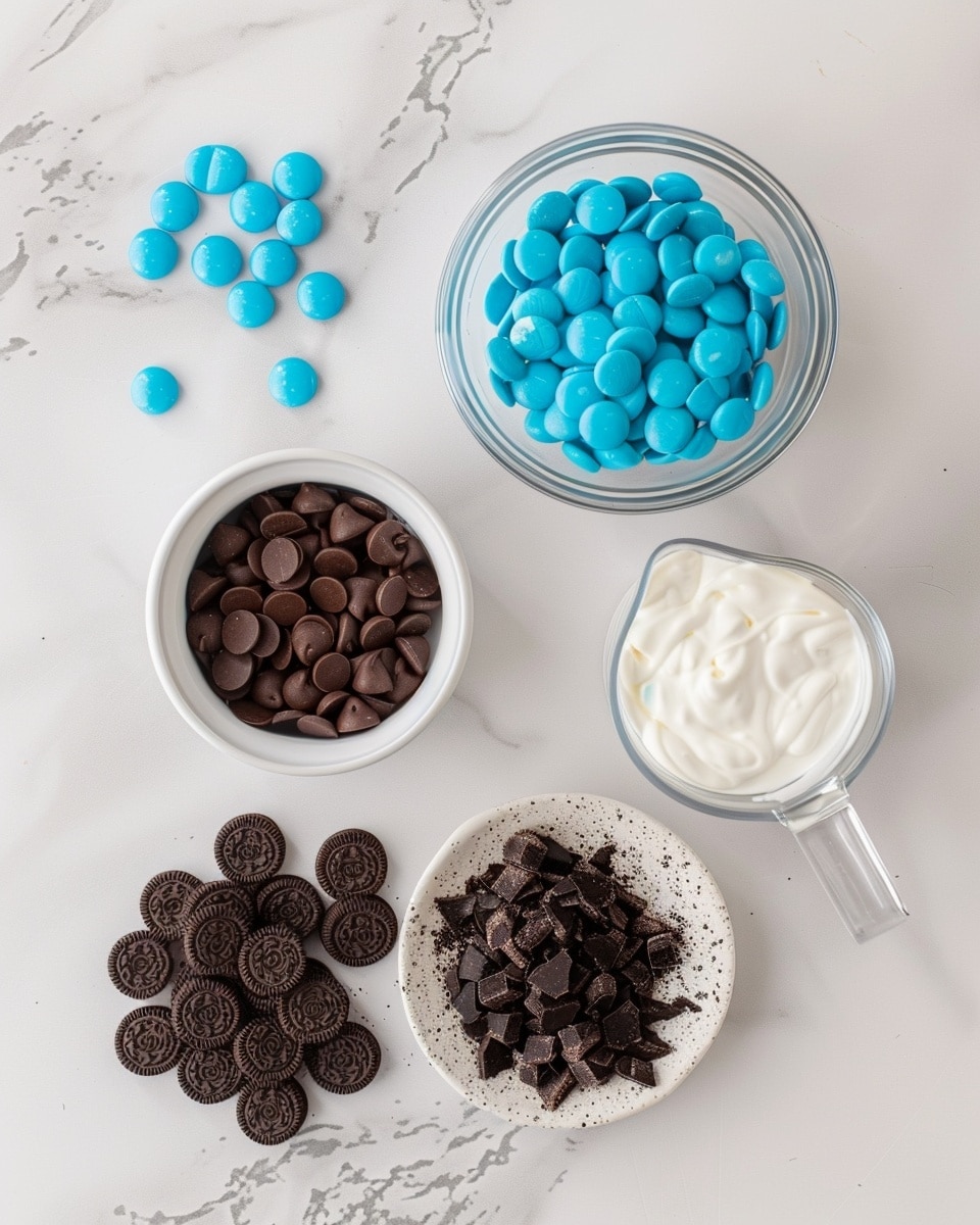 Single white plate with one square slice of vibrant blue fudge embedded with chunks of chocolate sandwich cookies and cookie pieces, close-up angled shot revealing the creamy, smooth interior texture studded with cookie bits, edges clean and sharp, placed on white marble surface with natural lighting highlighting the contrast between deep blue fudge and dark cookie layers, styled like a gourmet dessert portion from a food blog, photo taken with an iphone --ar 4:5 --v 7