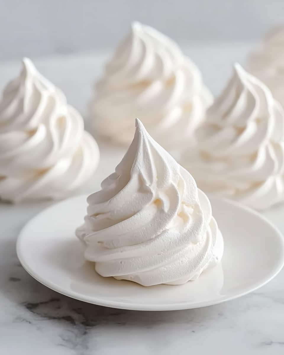 White rectangular serving platter filled with a full batch of perfectly piped white meringue kisses, each boasting a delicate, glossy swirl and pointed peak, arranged neatly in rows to display their texture and airy lightness, all placed on a white marble surface with soft natural lighting, professional food styling hero shot photographed with an iphone --ar 4:5 --v 7