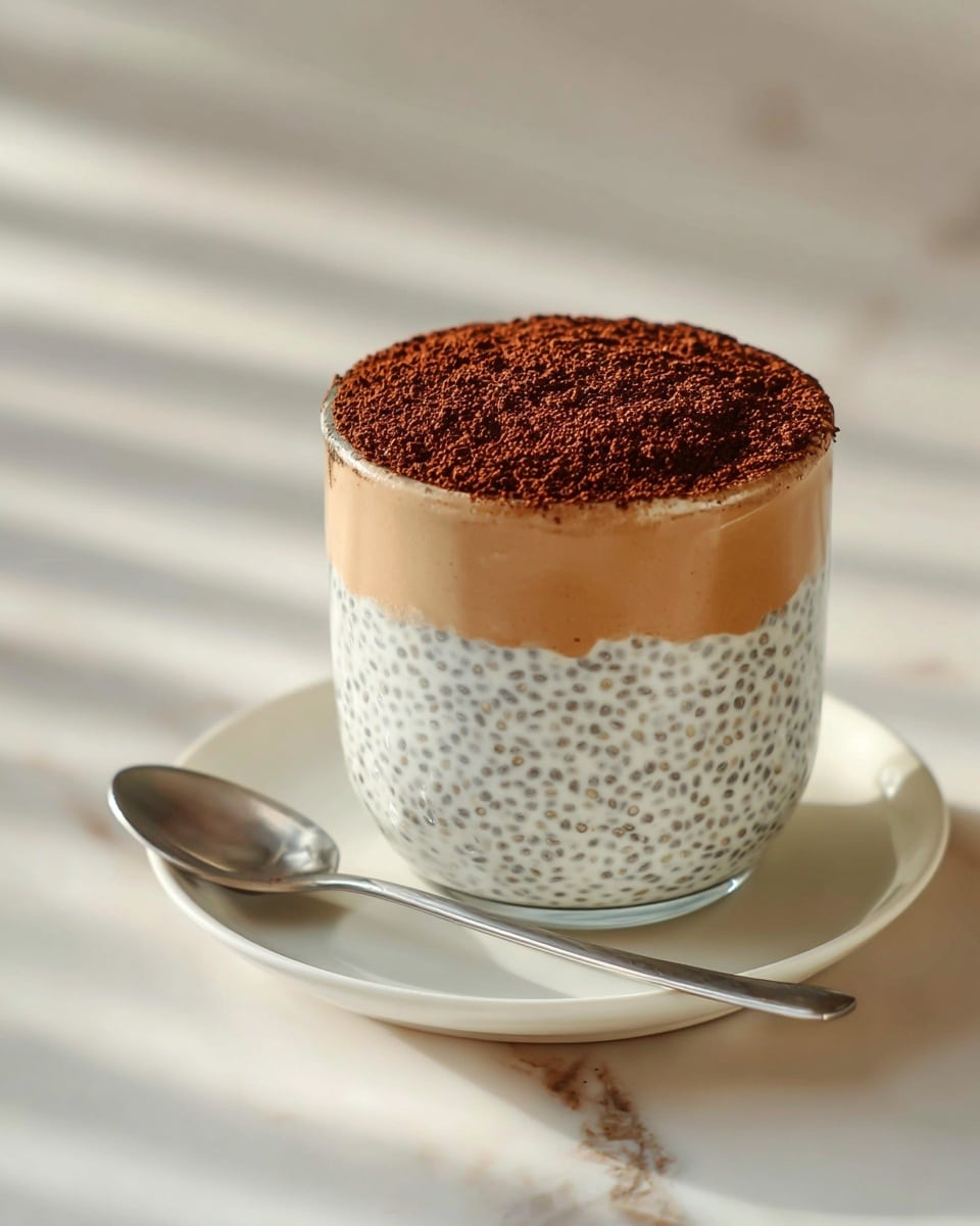 Large white serving tray featuring multiple clear glass cups filled with layered chia pudding topped with creamy custard and a dusting of cocoa powder, all cups uniformly arranged on a white marble countertop, natural lighting highlighting the texture and rich colors, professional food magazine hero shot photo taken with an iphone --ar 4:5 --v 7