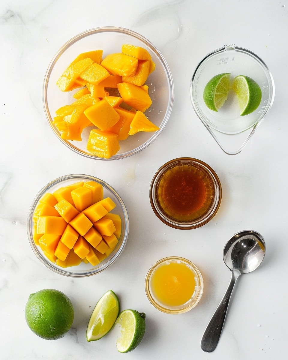 Single white bowl presenting one generous scoop of vibrant mango sorbet with a smooth, creamy texture, garnished with fresh mango cubes and lime wedges placed artistically around the bowl, close-up shot highlighting the bright yolk-yellow color of the sorbet against a pristine white marble surface, natural soft lighting emphasizing freshness and rich fruity flavors, intimate plated serving photo taken with an iphone --ar 4:5 --v 7