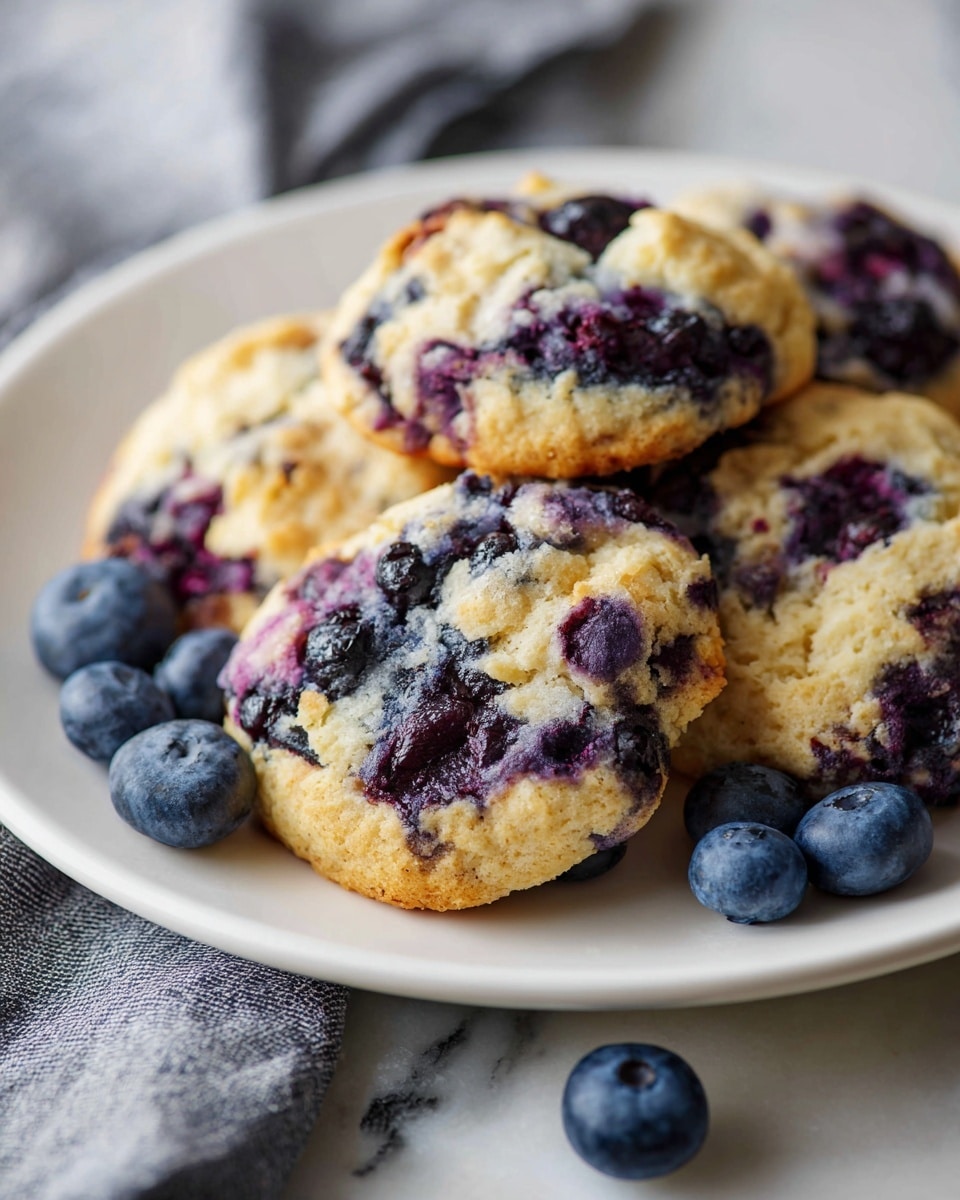 A white rectangular serving platter filled with a full batch of freshly baked blueberry muffins, each muffin golden-brown with plump, juicy blueberries bursting through the soft crumb, topped with a slight crumbly streusel texture, scattered with a few fresh blueberries as garnish around the platter, all beautifully arranged and photographed from above on a white marble countertop with natural lighting, professional food magazine hero shot, photo taken with an iphone --ar 4:5 --v 7