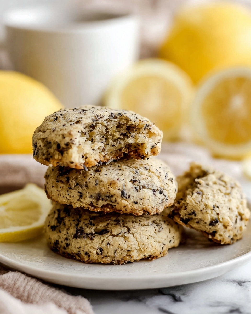 A rustic wooden board filled with a full batch of freshly baked lemon poppy seed cookies, golden brown with a slightly cracked surface showing chunks of lemon zest and speckled poppy seeds throughout, arranged closely together to showcase their texture, with fresh whole and halved lemons in the background on a purple cloth, the entire scene photographed with natural light on a white marble countertop, professional food styling photo taken with an iphone --ar 4:5 --v 7
