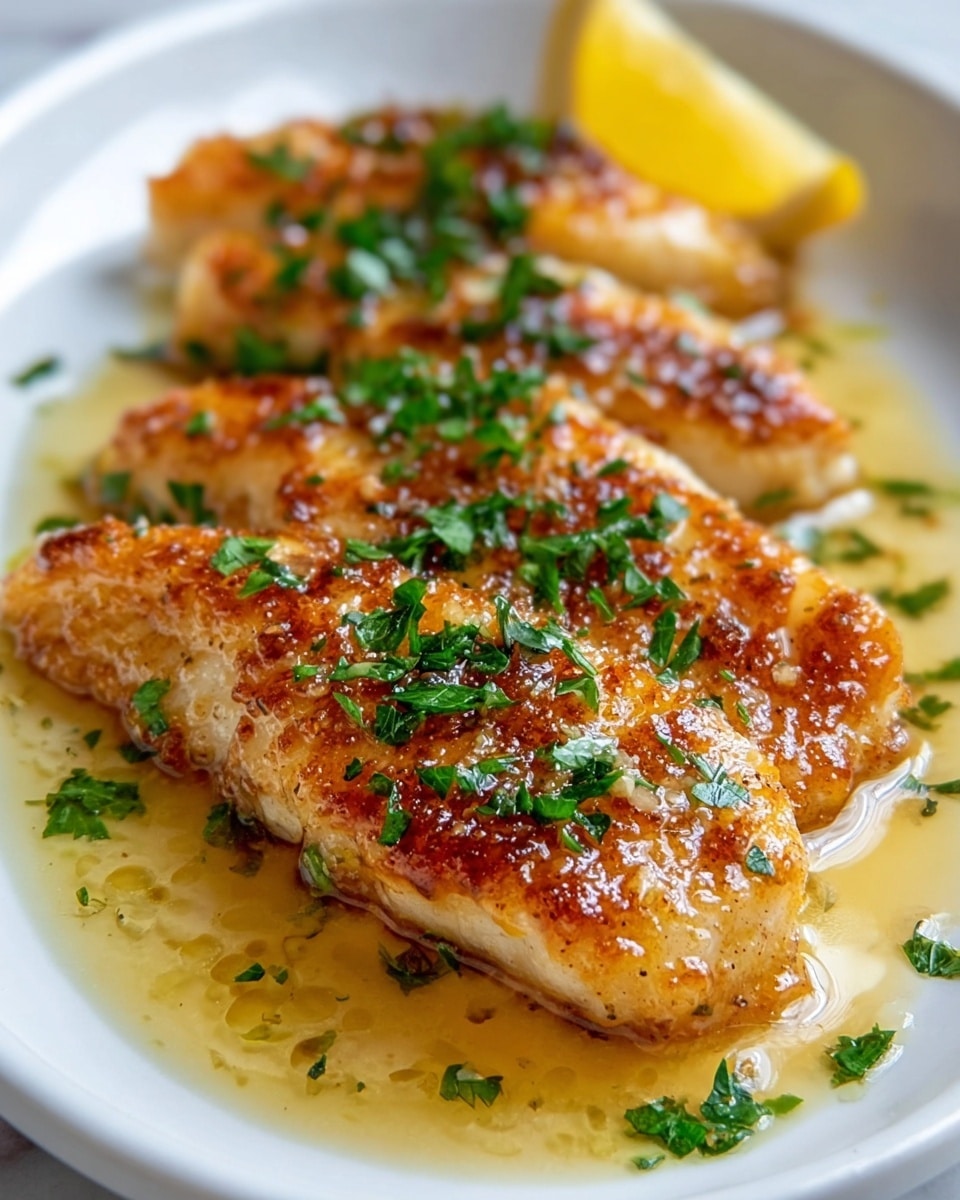 A large black cast iron skillet filled with a complete batch of golden-brown pan-seared chicken tenderloins, simmering in a glossy lemon butter sauce scattered with fresh chopped herbs and slices of vibrant yellow lemon, all beautifully glistening under natural light, the whole skillet presented on a pristine white marble countertop, photographed at a 3/4 angle to capture the full dish, styled as a professional hero shot from a food magazine, photo taken with an iphone --ar 4:5 --v 7