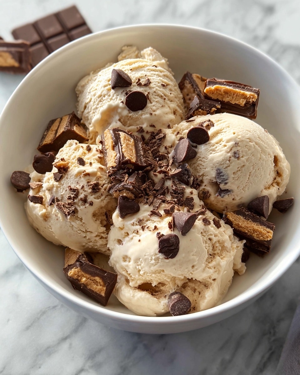 Large white bowl filled with multiple scoops of creamy peanut butter ice cream, generously mixed with chocolate chips and chunks of peanut butter candy bars embedded throughout, garnished with whole chocolate chips and finely crushed chocolate pieces, presented on a white marble countertop with natural lighting, professional 3/4 angle food magazine hero shot, photo taken with an iphone --ar 4:5 --v 7