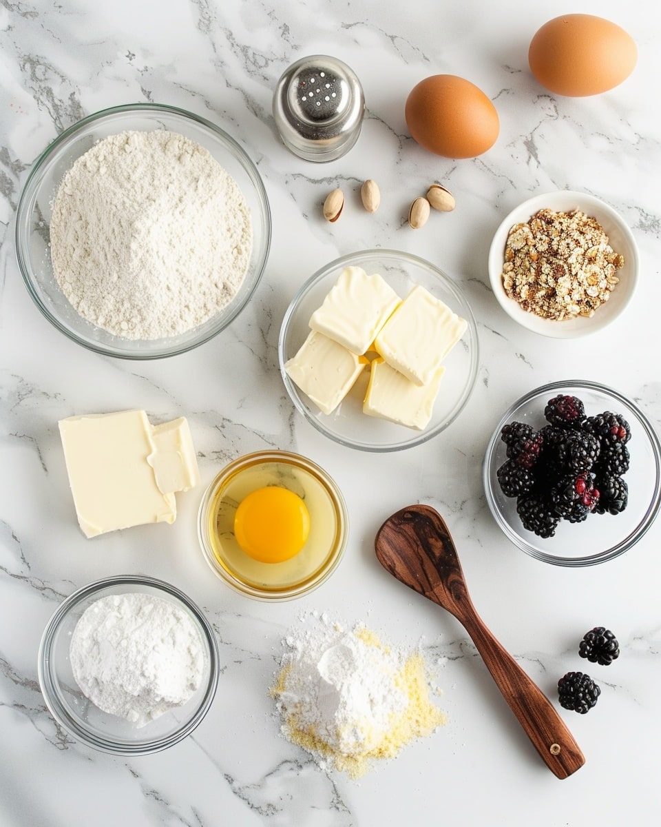 Single white plate with one square slice of layered berry and pistachio dessert bar, close-up angled view revealing a crumbly, golden base layer, a smooth, translucent pink layer above it, topped with a dense, glossy deep purple berry compote embedded with scattered ruby red seeds, finished with vibrant green pistachio pieces on top, natural light highlighting the textures and colors, white marble background, intimate plated serving photo taken with an iphone --ar 4:5 --v 7