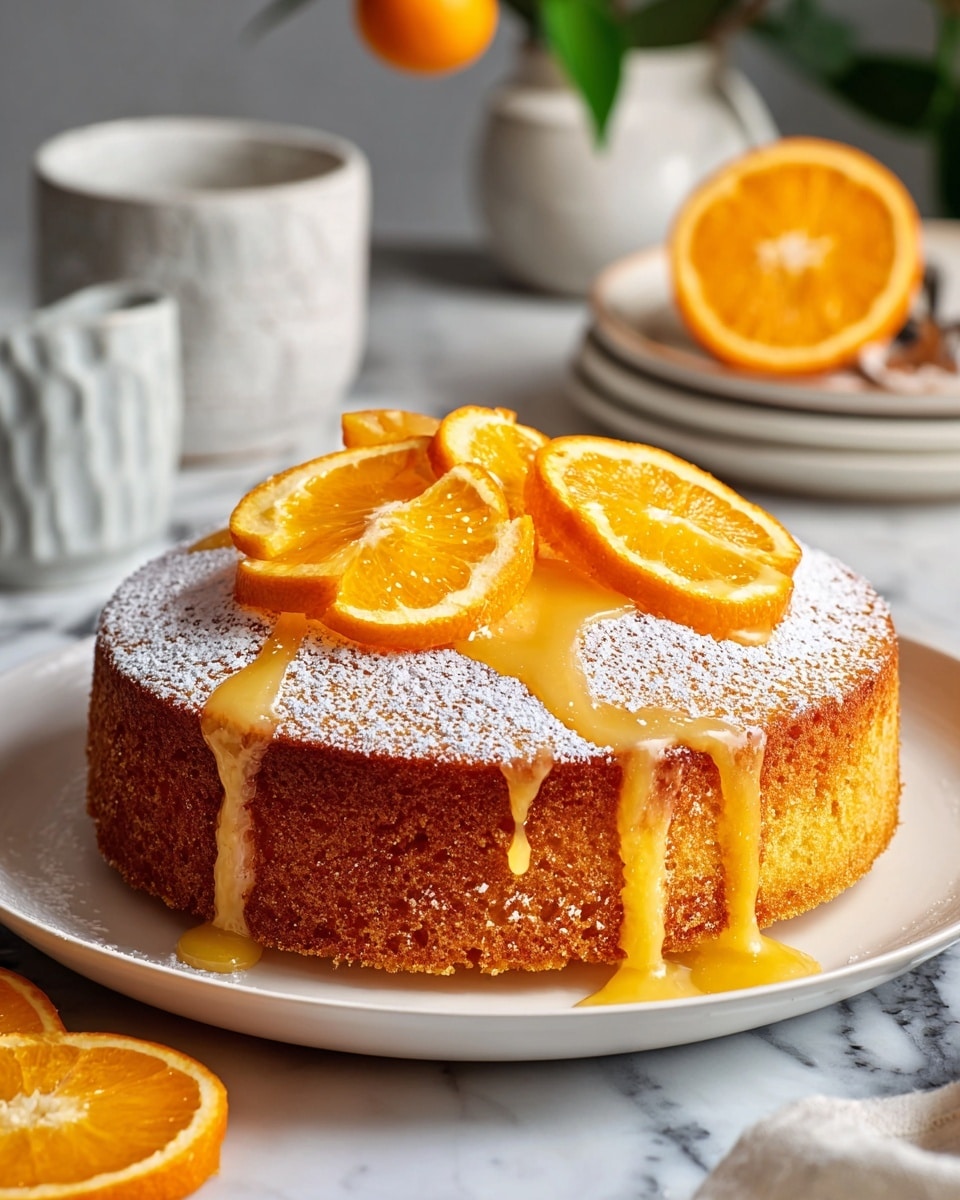 Whole round orange drizzle cake on a large white plate, topped with a generous dusting of powdered sugar and vibrant orange glaze slowly dripping down the sides, garnished with fresh orange slices arranged elegantly on top, whole cake shown from a professional 3/4 angle shot on a white marble countertop with natural lighting, styled for a food magazine hero shot photo taken with an iphone --ar 4:5 --v 7