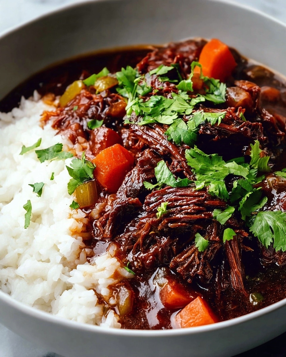 Large white bowl filled with a rich, dark beef stew featuring thick, tender chunks of slow-cooked meat, vibrant diced carrots, and onions in a glossy, savory sauce, garnished generously with fresh green scallions and cilantro, arranged alongside a fluffy mound of steaming white rice, showcasing the entire hearty dish from a 3/4 angle on a white marble surface with natural lighting, styled like a hero shot from a food magazine, photo taken with an iphone --ar 4:5 --v 7