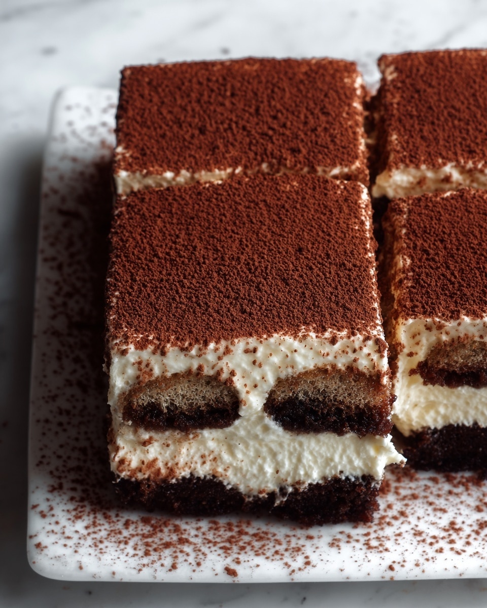 A large, whole rectangular tiramisu cake presented on white parchment paper, featuring a thick layer of creamy mascarpone filling atop a rich, dark espresso-soaked chocolate cake base, evenly dusted with fine cocoa powder across the entire surface, photographed from above on a white marble countertop with natural light highlighting the smooth texture and layered elegance, professional food styling photo taken with an iphone --ar 4:5 --v 7
