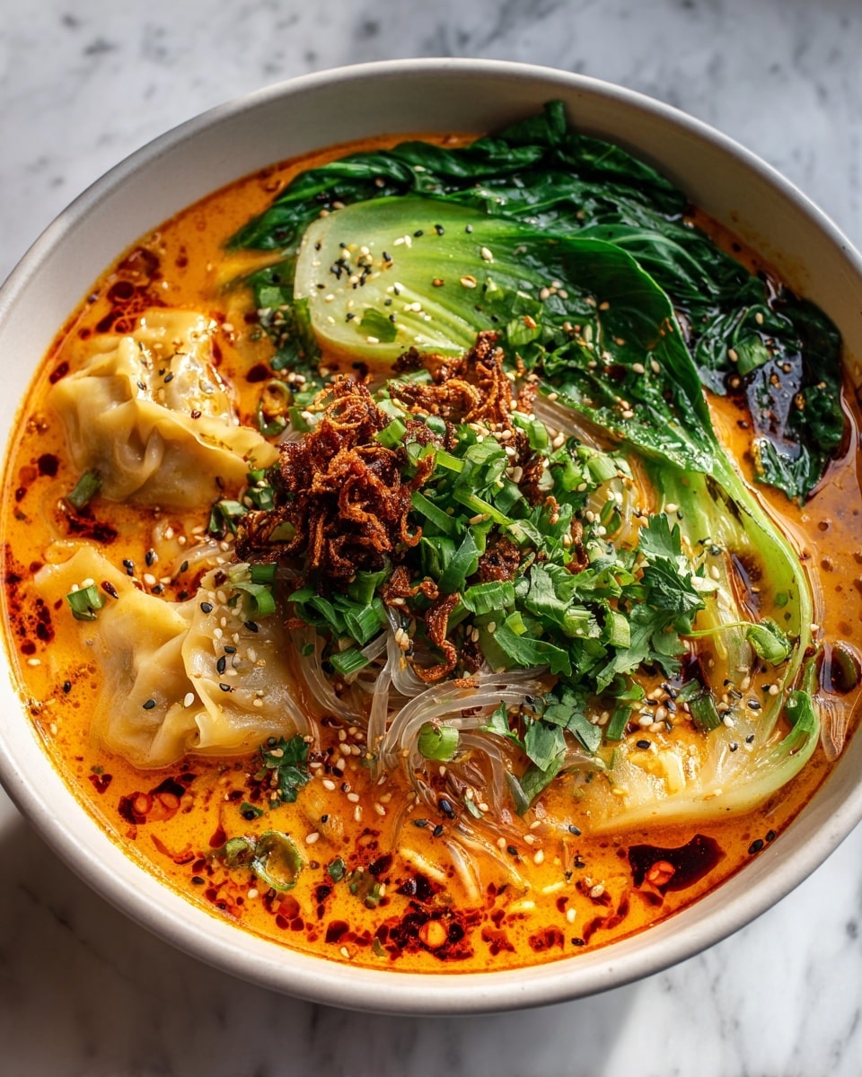 Large white bowl filled with a rich and creamy spicy red broth, showcasing a generous serving of steamed dumplings neatly arranged along one side, delicate translucent rice noodles immersed in the soup, fresh bright green bok choy leaves, and a vibrant mix of chopped scallions and cilantro. The surface is drizzled with bright red chili oil and sprinkled with toasted sesame seeds and crispy fried shallots, creating a colorful and textural contrast. The entire dish is captured in a professional 3/4 angle shot on a white marble countertop with soft natural lighting, highlighting the inviting warmth and complexity of the soup. Photo taken with an iphone --ar 4:5 --v 7