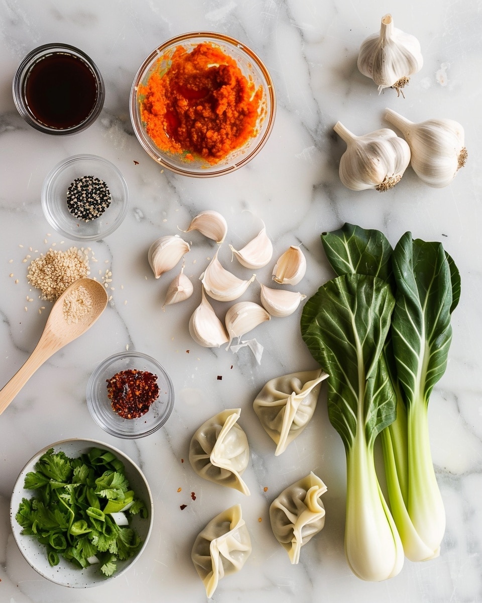 Single white bowl filled with one serving of spicy miso ramen featuring tender dumplings partially submerged in vibrant orange broth, topped with a small heap of crispy fried shallots, fresh green bok choy leaves, a nest of translucent glass noodles, sprinkled sesame seeds, chopped scallions and fresh parsley garnish, with contrasting dark chili oil drizzles visible on the surface, close-up angled shot revealing texture and layers of ingredients, presented on a white marble background with natural lighting, styled as a cozy food blog plating, photo taken with an iphone --ar 4:5 --v 7