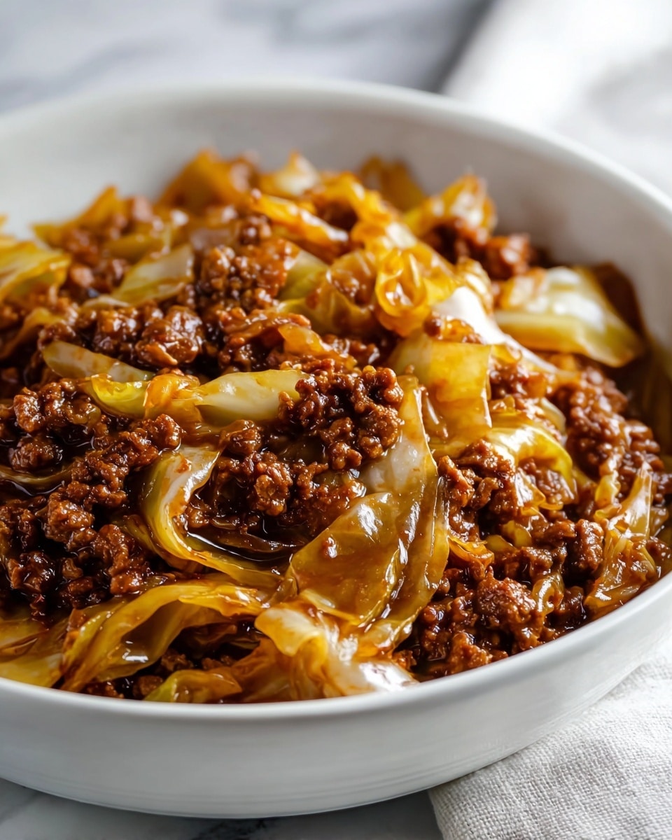 Large white bowl filled with a generous serving of savory minced beef and cabbage stir-fry, richly coated in a glossy brown sauce with hints of garlic and soy, the whole dish presented with tender cabbage leaves and well-seasoned ground beef evenly mixed, photographed from a 3/4 angle on a white marble countertop, natural lighting highlights the glistening sauce and textures, professional food magazine hero shot, photo taken with an iphone --ar 4:5 --v 7