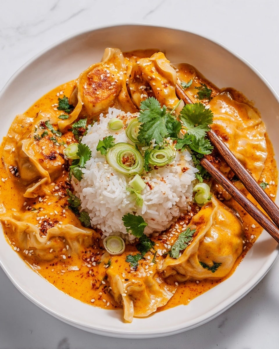 Large white bowl filled with several plump, golden pan-fried dumplings nestled in a creamy, vibrant orange sauce, accompanied by a generous mound of fluffy white rice, garnished with fresh cilantro leaves, sliced green onions, and a sprinkle of white sesame seeds, entire dish captured from a 3/4 angle on a white marble countertop, natural lighting emphasizing the rich textures and colors, professional food magazine hero shot, photo taken with an iphone --ar 4:5 --v 7
