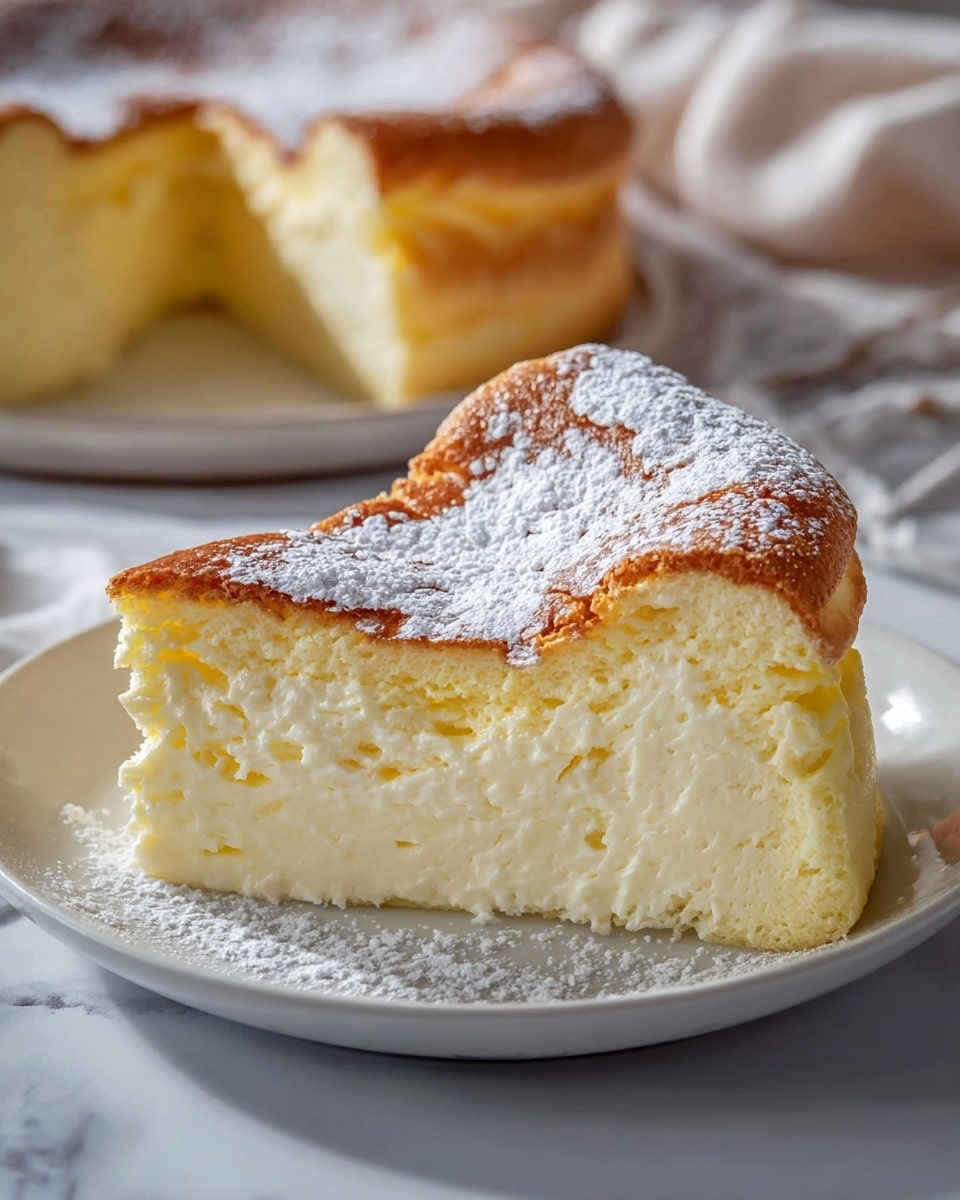 Whole, uncut creamy Japanese cheesecake with a golden brown crust dusted lightly with powdered sugar, displayed on a large white plate, photographed from a 3/4 angle on a white marble surface with natural lighting, styled like a hero shot from a food magazine, photo taken with an iphone --ar 4:5 --v 7