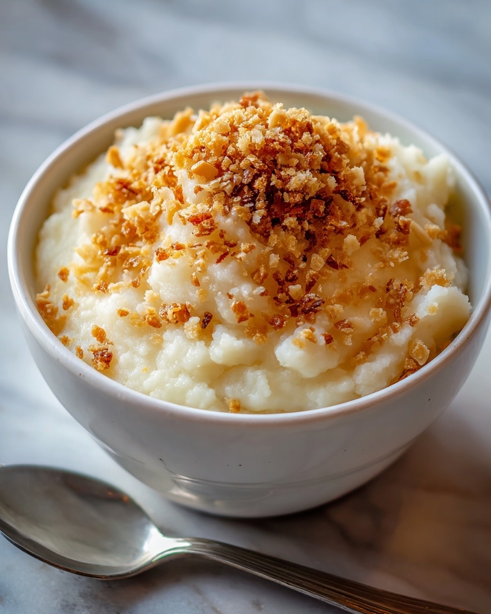Large white bowl filled with creamy coconut rice pudding, generously topped with a mound of golden toasted shredded coconut, showcasing the smooth, luscious texture of the dessert, entire dish presented on a white marble countertop with natural lighting, professional 3/4 angle food magazine style photo taken with an iphone --ar 4:5 --v 7