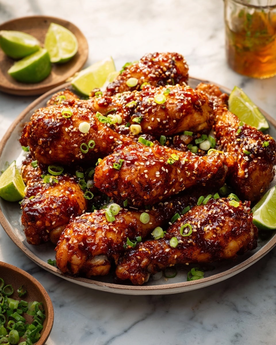 Large white serving dish heaped with an entire batch of sticky, crispy fried chicken wings generously coated in a rich, glossy sauce sprinkled with toasted sesame seeds, accompanied by small white ramekins filled with creamy blue cheese dressing and tangy buffalo sauce, cubes of crisp celery arranged on the side, professional 3/4 angle shot of the whole dish captured on a white marble countertop in natural lighting, food magazine hero styling photo taken with an iphone --ar 4:5 --v 7