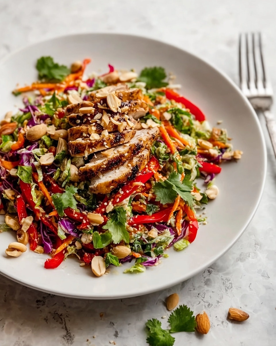 Large white oval platter filled with a whole roasted and uncut teriyaki-glazed chicken, beautifully arranged over a vibrant bed of colorful shredded vegetables including purple cabbage, green scallions, bright orange carrots, red bell peppers, and thinly sliced jalapeños. The dish is garnished generously with toasted sesame seeds, chopped fresh herbs, and a scattering of cashew nuts, sitting atop a white marble countertop under natural lighting, styled like a hero shot from a food magazine. Photo taken with an iphone --ar 4:5 --v 7