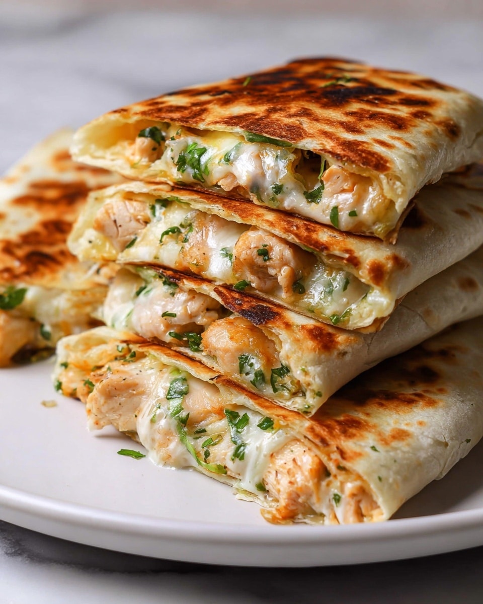 Large white plate filled with a stack of whole, uncut golden brown grilled chicken and cheese quesadillas, showing slightly charred, crispy tortillas packed with melted cheese, chunks of seasoned chicken, and fresh chopped green herbs, arranged neatly to showcase the entire dish, photographed from a close 3/4 angle on a white marble countertop with natural lighting, professional food styling photo taken with an iphone --ar 4:5 --v 7