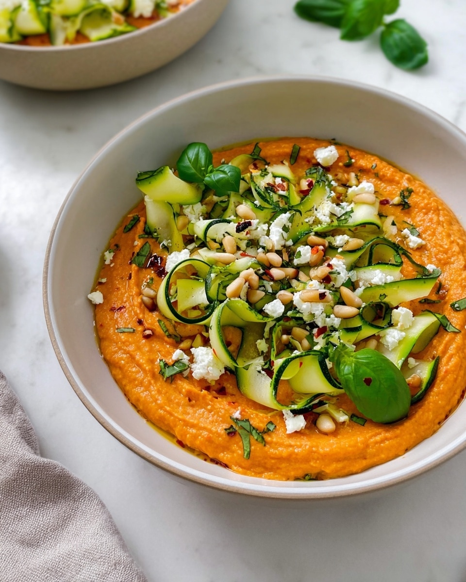 Two large white serving bowls filled with vibrant roasted red pepper hummus, generously topped with fresh thinly sliced zucchini ribbons, toasted pine nuts, creamy crumbled goat cheese, chopped fresh basil, and whole white beans, arranged beautifully to showcase color and texture, presented on a white marble countertop with natural lighting, professional food styling, whole dish arranged for sharing photo taken with an iphone --ar 4:5 --v 7