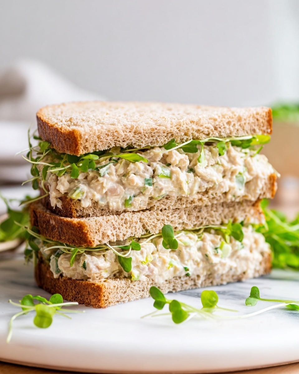 Large white serving platter arranged with multiple hearty chickpea salad sandwiches on whole grain bread, generously filled with creamy chickpea mixture blended with fresh herbs and microgreens, accompanied by a white bowl of chickpea salad in the background, all set on a white marble countertop with natural lighting highlighting the textures, professional food styling, photo taken with an iphone --ar 4:5 --v 7