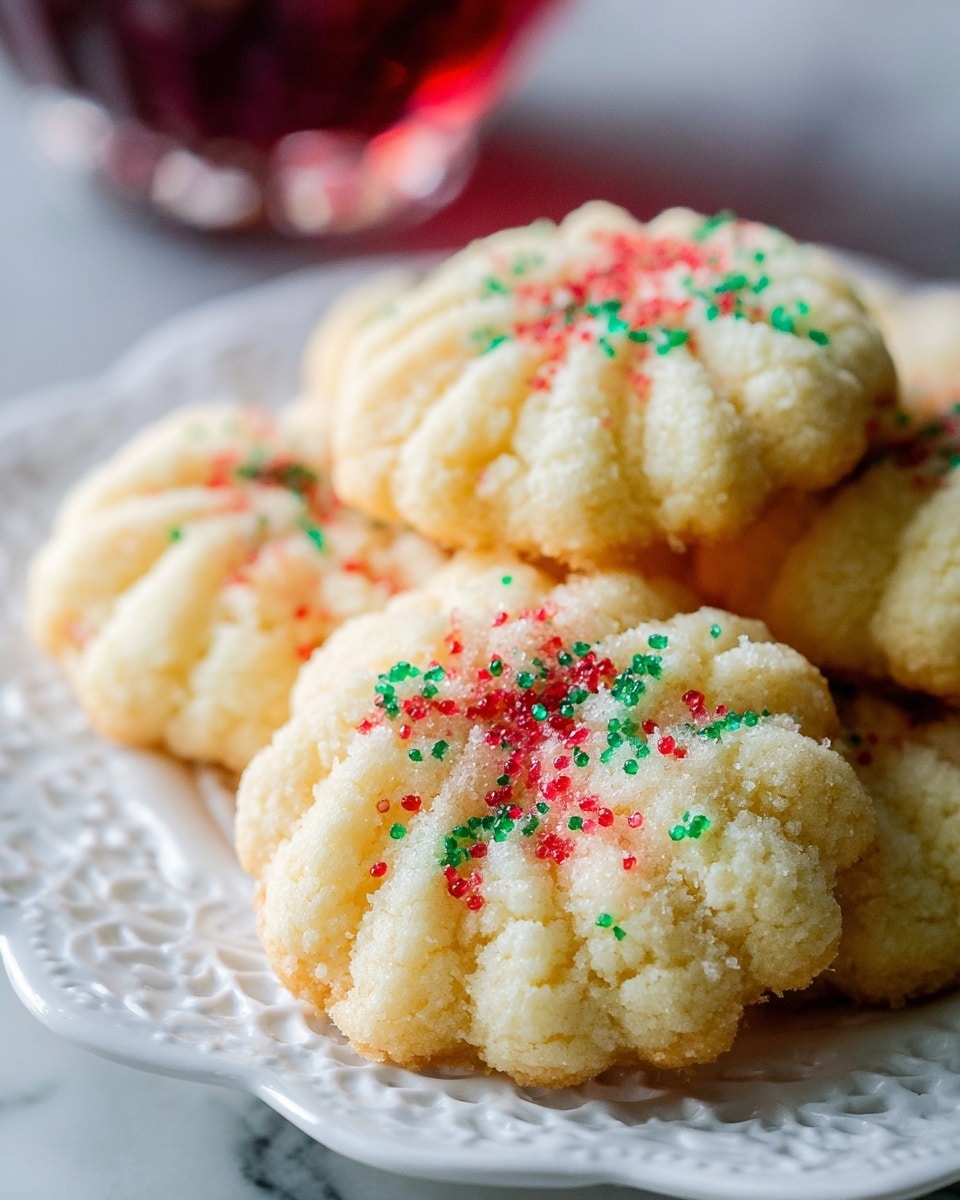 White ornate ceramic plate filled with a full batch of soft, round spritz cookies, each delicately piped in a ridged swirl pattern and generously topped with red and green festive sugar crystals, arranged neatly to showcase the entire collection on a white marble surface, brilliant natural lighting highlighting the buttery texture and fine crumb, professional food magazine hero shot photo taken with an iphone --ar 4:5 --v 7