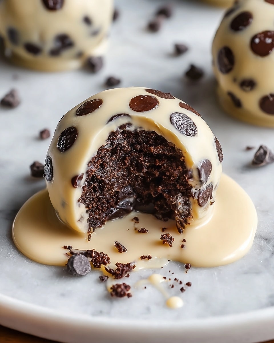 Large white ceramic serving bowl filled with whole chocolate chip cookie dough balls, each generously studded with glossy dark chocolate chips, showcasing a smooth, creamy texture without any portions removed, beautifully arranged on a white marble countertop with natural lighting highlighting the rich colors and textures, professional food styling photo taken with an iphone --ar 4:5 --v 7
