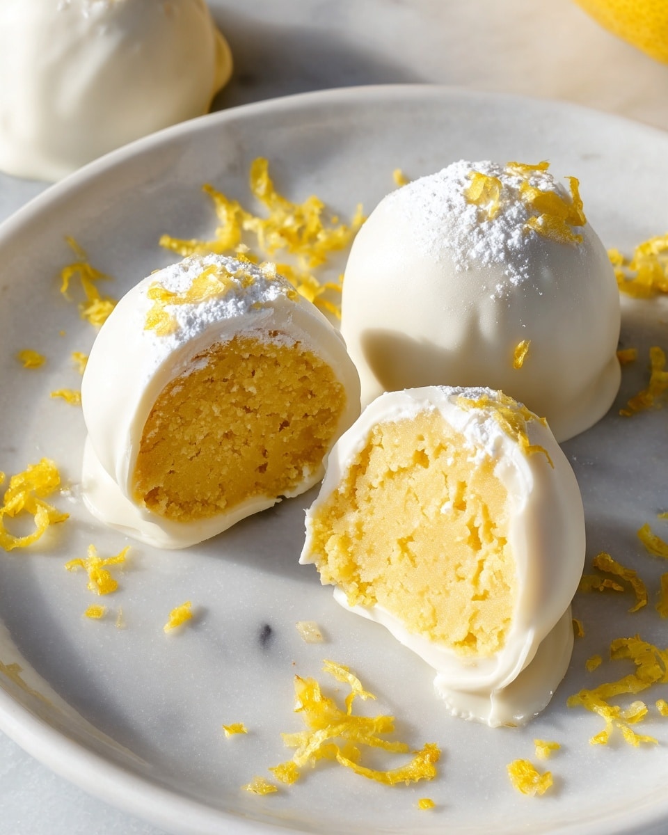 Round white serving plate filled with multiple whole lemon truffles, each smooth and coated with glossy white chocolate, some dusted delicately with powdered sugar and scattered with bright yellow lemon zest, arranged beside fresh lemon slices for a vibrant contrast, the truffles presented as a complete batch in an elegant, inviting display, photographed from above on a white marble background with natural lighting, professional food magazine hero shot photo taken with an iphone --ar 4:5 --v 7